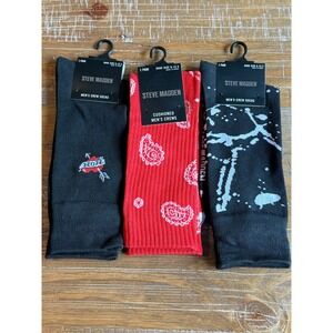 NWT Steve Madden Mens Crew Socks 3 Lot Paisley Tattoo Splatter Black Red 6-12.5